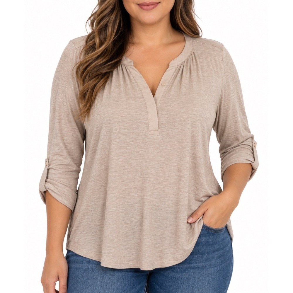NYDJ Size XL Beige Henley Tunic Top Viscose Roll Tab Sleeve Casual